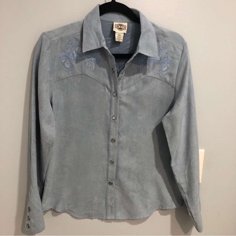 Rod’s Women Western Blue Shirt Cowgirl Riding Embroidered Pearl button Size S